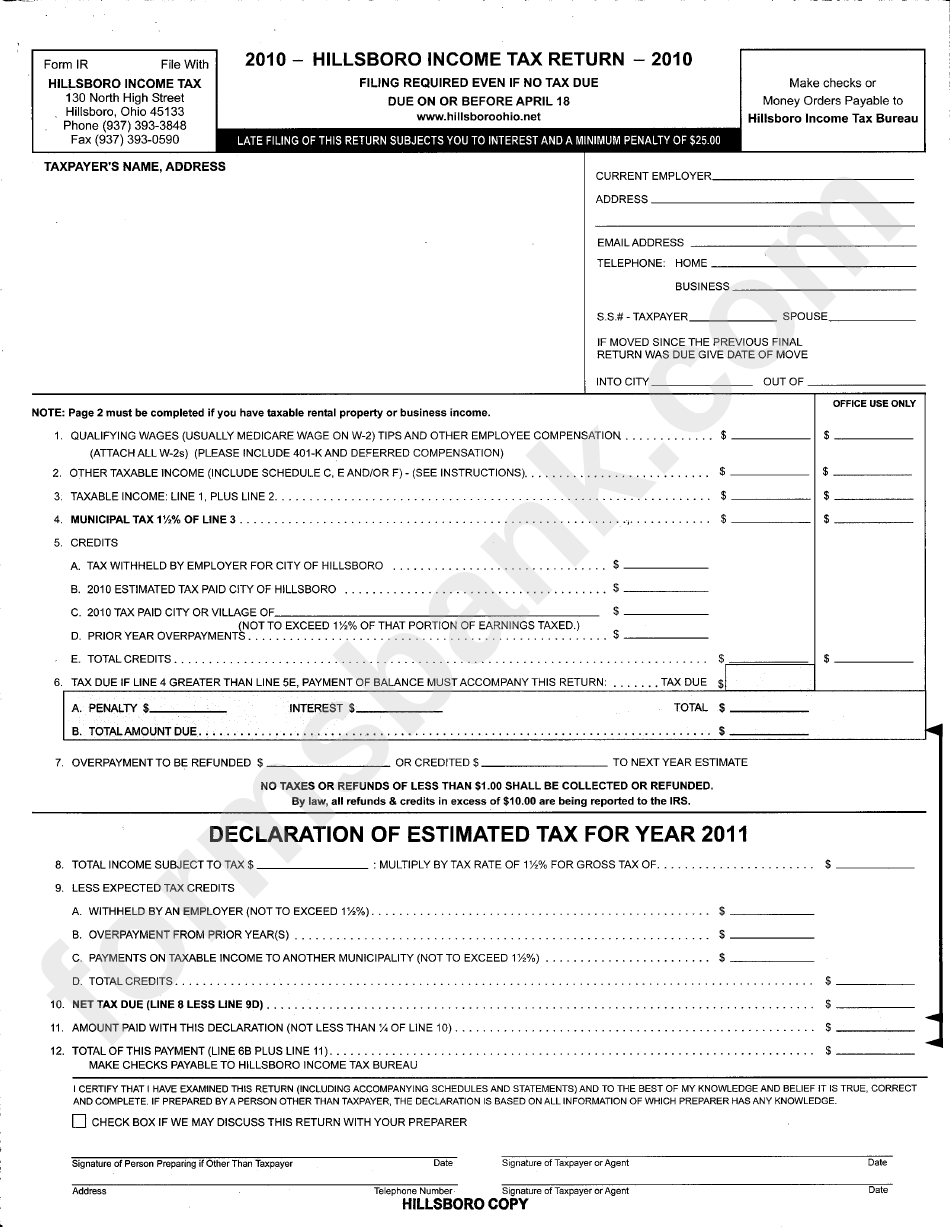 Form Ir - Hillsboro Income Tax Return 2010