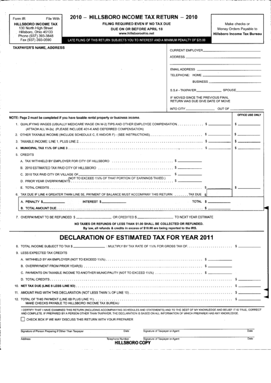 Form Ir - Hillsboro Income Tax Return 2010 Printable pdf