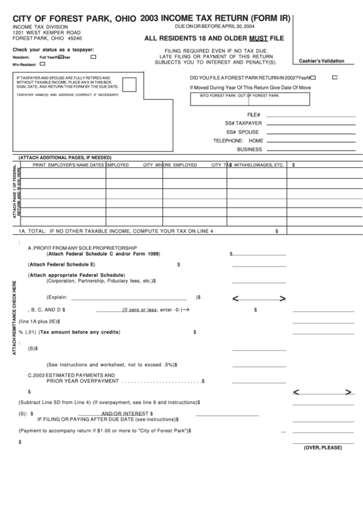 Form Ir - Income Tax Return 2003 Printable pdf