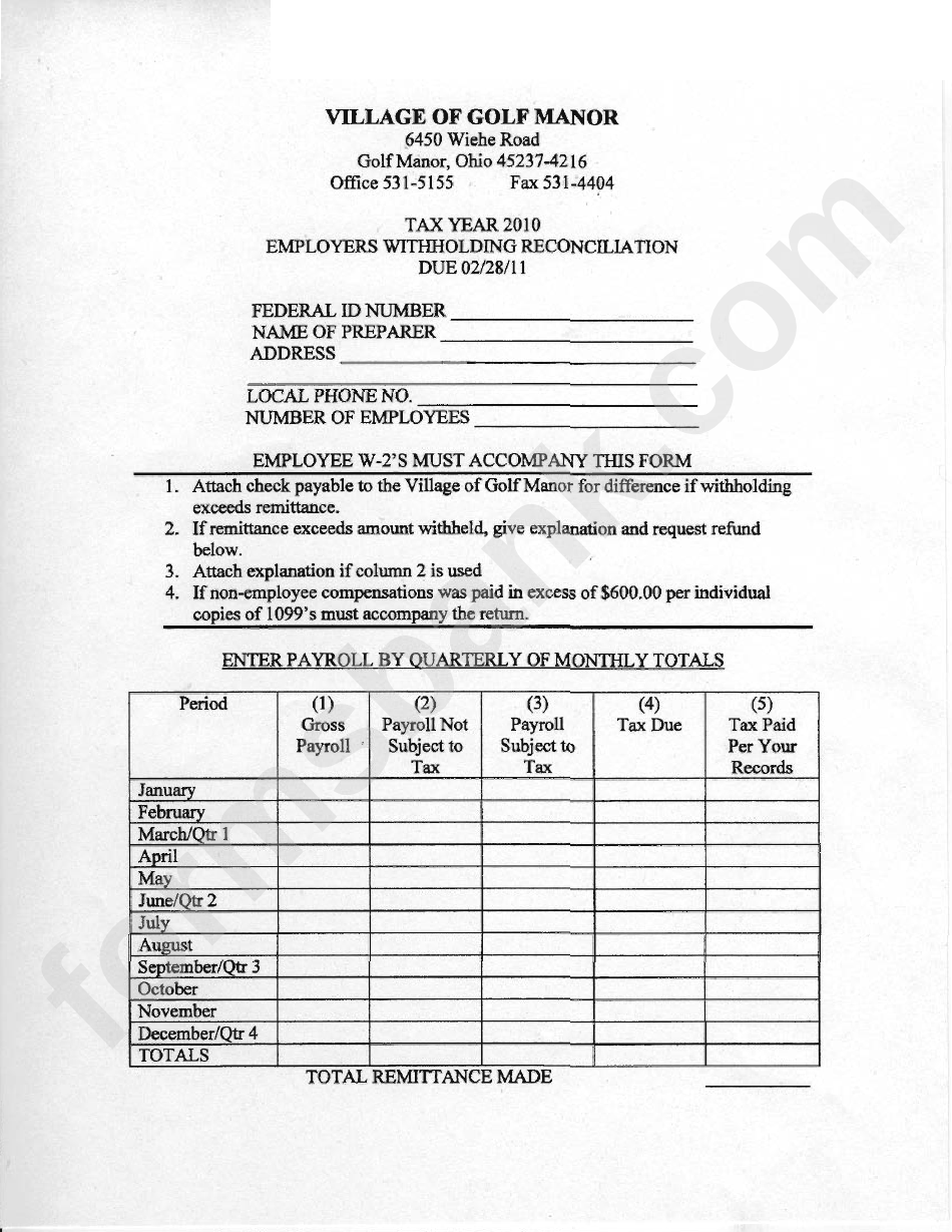 Employers Withholding Reconciliation Form 2010