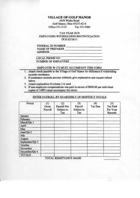 Employers Withholding Reconciliation Form 2010 Printable pdf