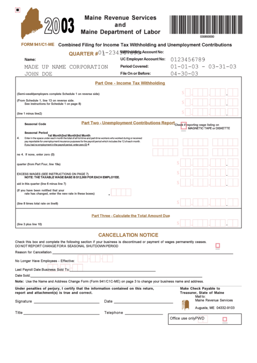 Form 941/c1-Me - Combined Filing For Income Tax Withholding And Unemployment Contributions - 2003 Printable pdf