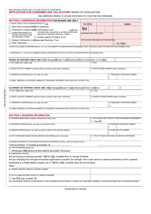 Fillable Form Boe-400-Mcu - Application For Consumer Use Tax Account Printable pdf