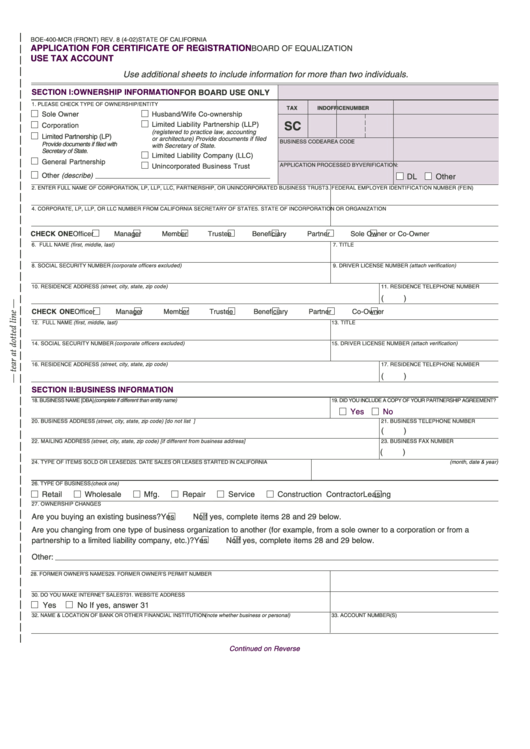 Fillable Form Boe-400-Mcr - Application For Certificate Of Registration Use Tax Account - 2002 Printable pdf