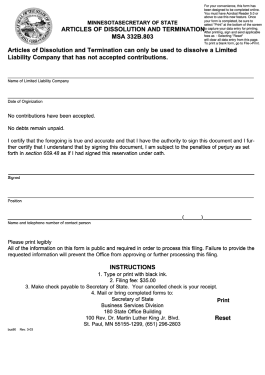 Fillable Form Msa 332b.803 - Articles Of Dissolution And Termination Of A Llc Printable pdf