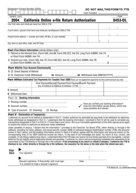 Form 8453-Ol - California Online E-File Return Authorization - 2004 Printable pdf