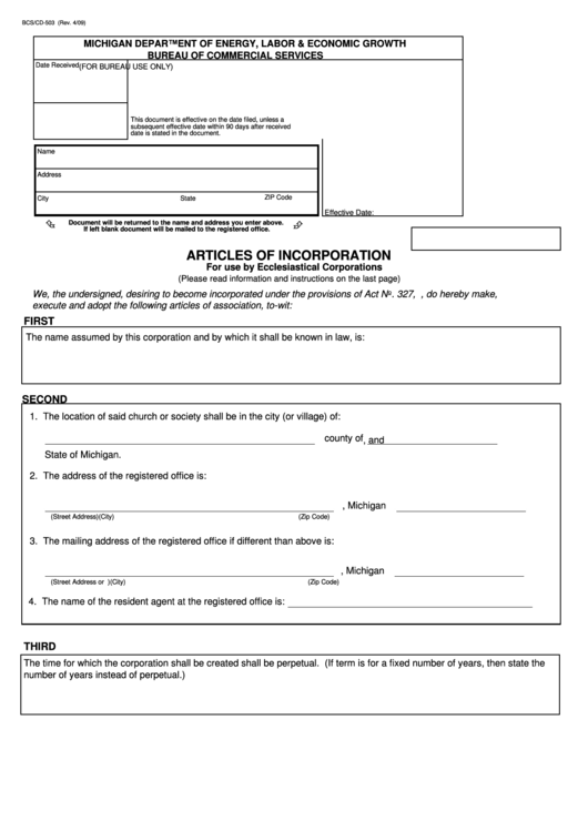Fillable Form Bcs/cd-503 - Articles Of Incorporation For Use By Ecclesiastical Corporations Printable pdf
