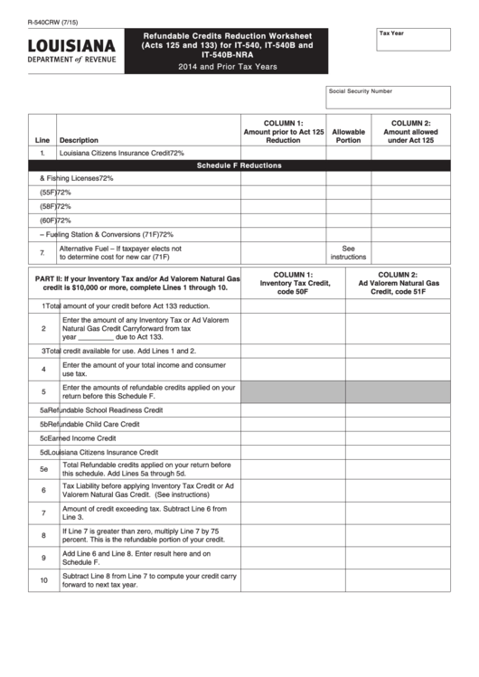 Fillable Form R-540crw - Refundable Credits Reduction Worksheet (Acts 125 And 133) For It-540, It-540b And It-540b-Nra Printable pdf