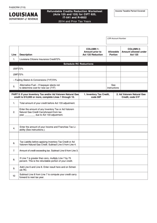 Fillable Form R-620crw - Refundable Credits Reduction Worksheet (Acts 125 And 133) For Cift 620, It-541 And R-6922 Printable pdf