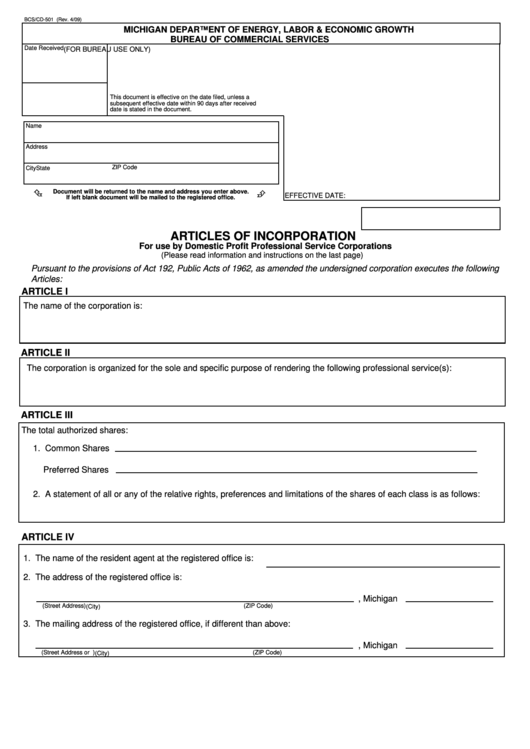 Fillable Form Bcs/cd-501 - Articles Of Incorporation For Use By Domestic Profit Professional Service Corporations - 2009 Printable pdf