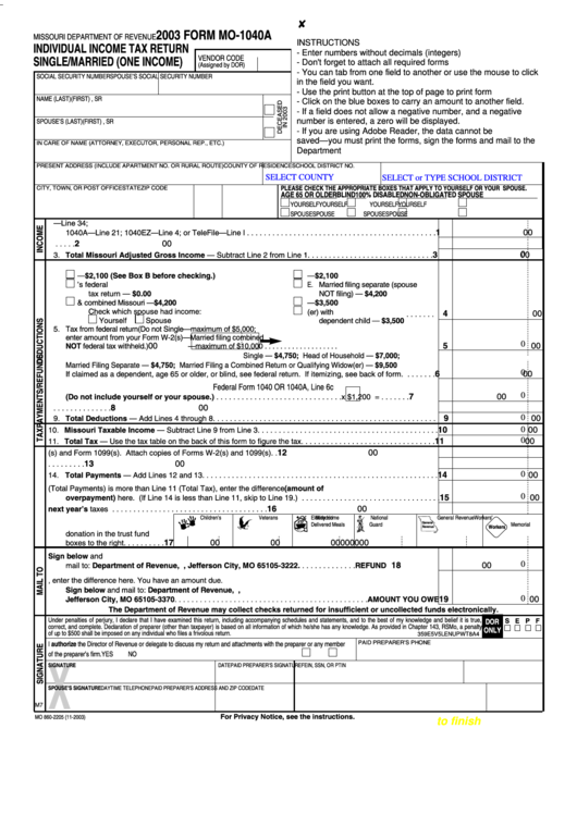 Fillable Form Mo-1040a - Individual Income Tax Return Single/married(One Income) - 2003 Printable pdf