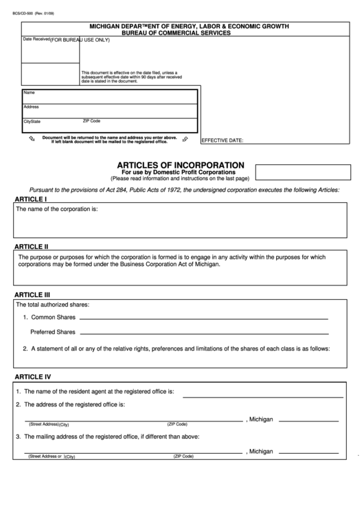 Fillable Form Bcs/cd-500 - Articles Of Incorporation For Use By Domestic Profit Corporations - 2009 Printable pdf
