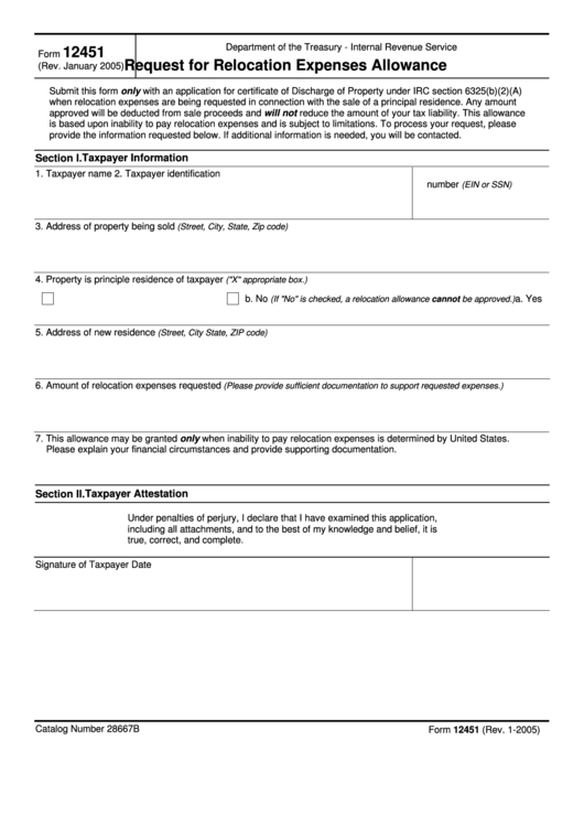 Fillable Form 12451 - Request For Relocation Expenses Allowance - 2005 Printable pdf