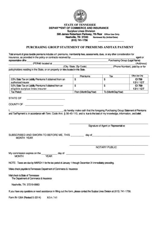 Form In-1264 - Purchasing Group Statement Of Premiums And Tax Payment