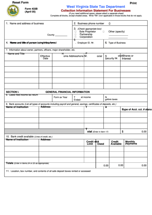 Fillable Form 433b - Collection Information Statement For Businesses Printable pdf