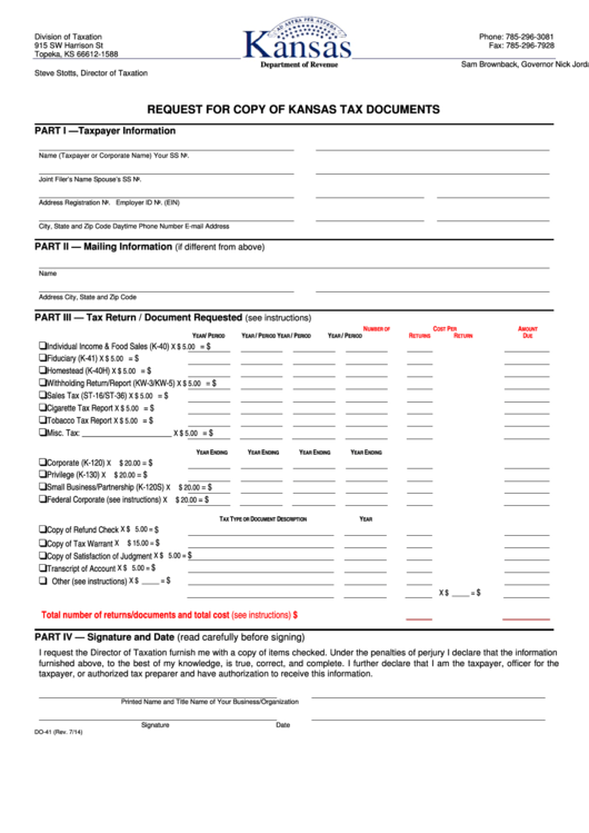 Fillable Form Do-41 - Request For Copy Of Kansas Tax Documents - 2014 Printable pdf