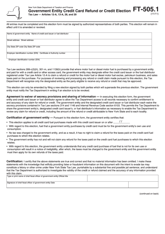 Form Ft-505.1 - Government Entity Credit Card Refund Or Credit Election Printable pdf