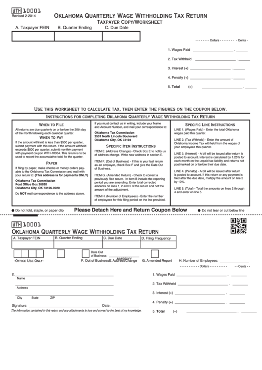 Fillable Form Wth 10001 - Oklahoma Quarterly Wage Withholding Tax Return - Taxpayer Copy/worksheet Printable pdf
