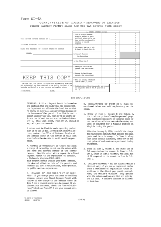 Form St-6a - Commonwealth Of Virginia Department Of Taxation Direct Payment Permit Sales And Use Tax Return Work Sheet Printable pdf