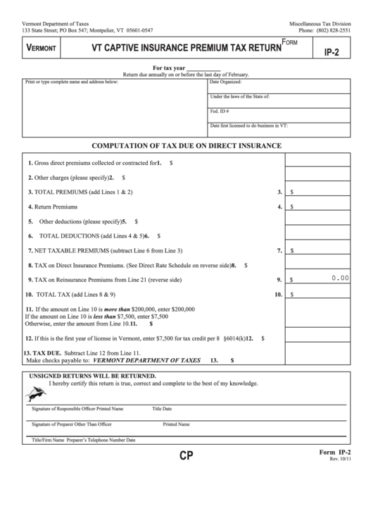 Fillable Form Ip-2 - Vt Captive Insurance Premium Tax Return Printable pdf