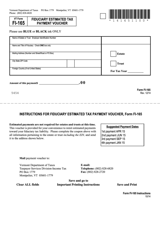 Fillable Vt Form Fi-165 - Fiduciary Estimated Tax Payment Voucher Printable pdf