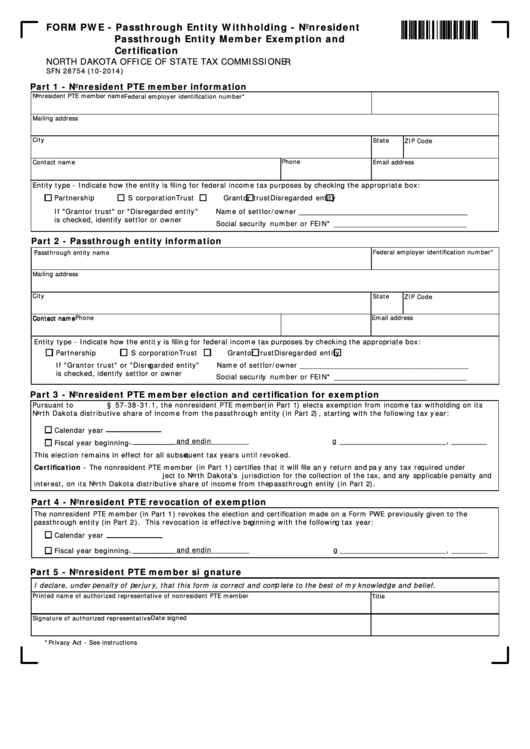 Fillable Form Pwe - Passthrough Entity Withholding - Nonresident Passthrough Entity Member Exemption And Certification Printable pdf