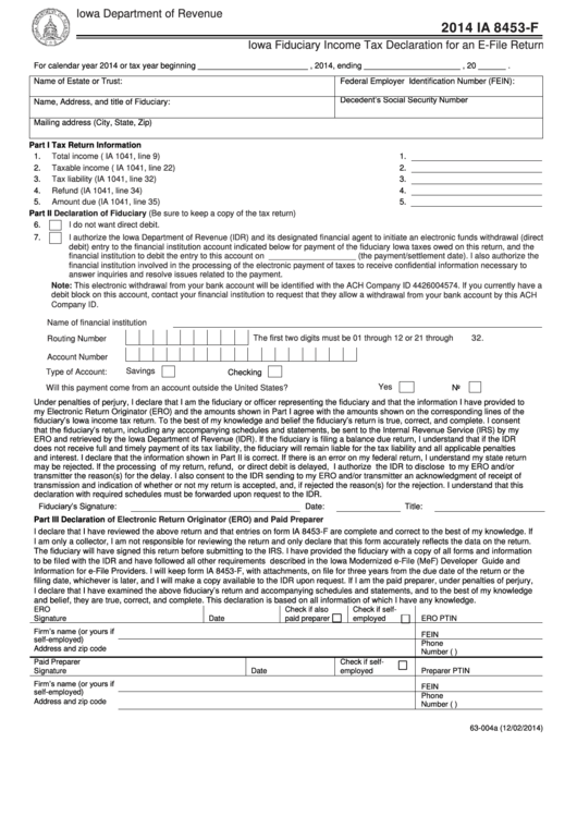 form-8453-f-iowa-fiduciary-income-tax-declaration-for-an-e-file-return-2014-printable-pdf