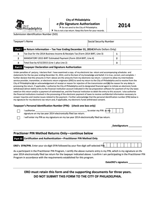 Fillable E-File Signature Authorization Form - City Of Philadelphia - 2014 Printable pdf