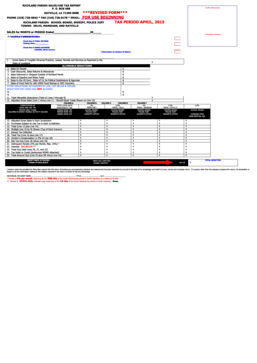 Richland Parish Sales/use Tax Report Form printable pdf download