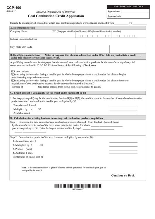 Fillable Form Ccp-100 - Coal Combustion Credit Application Printable pdf