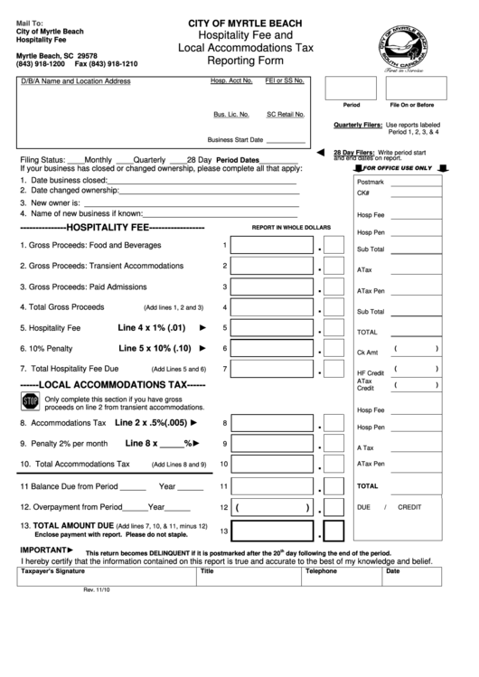 Hospitality Fee And Local Accommodations Tax Reporting Form - City Of Myrtle Beach Printable pdf
