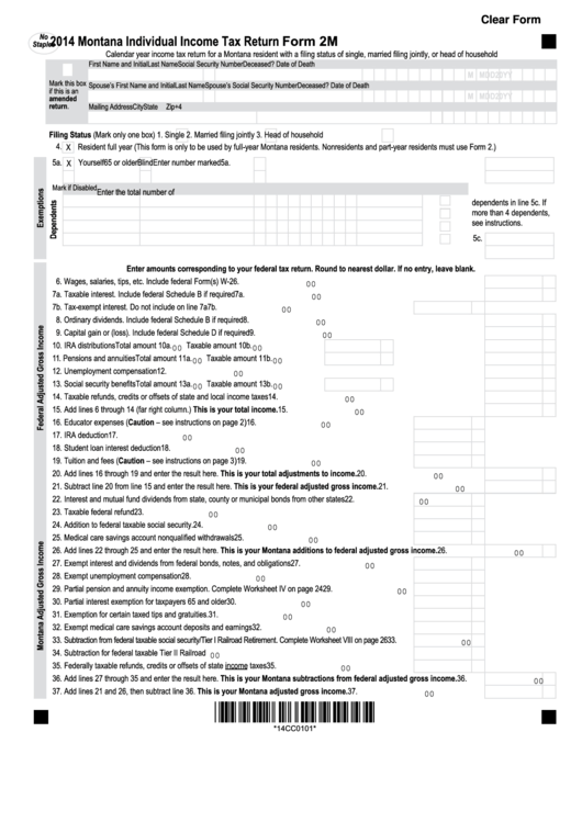 Fillable Form 2m - 2014 Montana Individual Income Tax Return Printable pdf