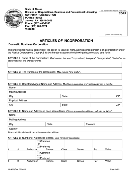 Fillable Form 08-400 - Articles Of Incorporation Domestic Business Corporation Printable pdf