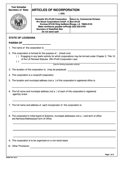 Form Ss395 - Articles Of Incorporation Printable pdf
