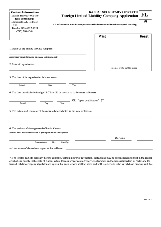 Fillable Form Fl 51 - Foreign Limited Liability Company Application Printable pdf