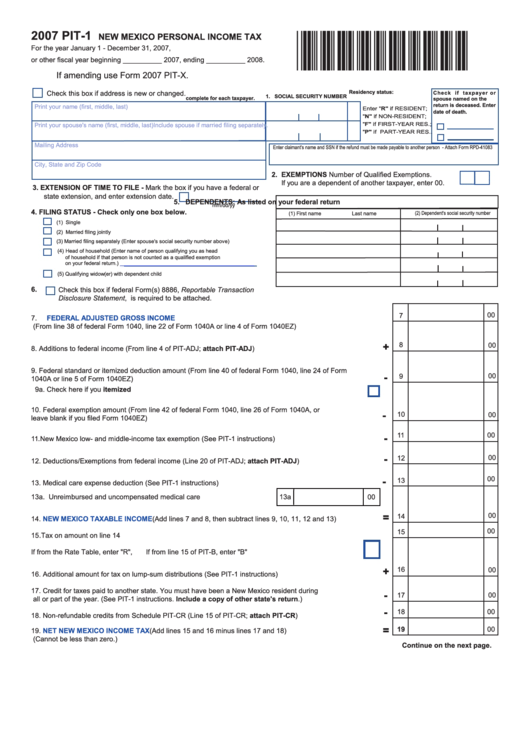 Form Pit-1 - New Mexico Personal Income Tax - 2007 Printable pdf