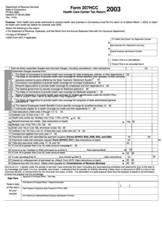 Form 207hcc - Health Care Center Tax Return - 2003 Printable pdf