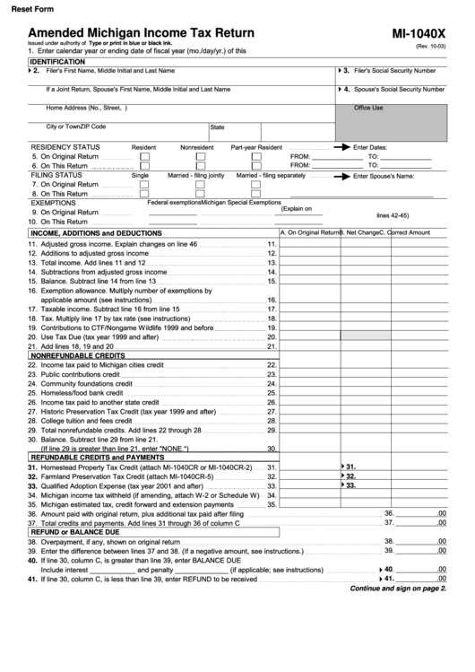 Fillable Form Mi-1040x - Amended Michigan Income Tax Return Printable pdf