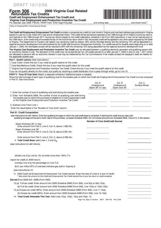 Form 306 Draft - Virginia Coal Related Refundable Tax Credits - 2006 Printable pdf
