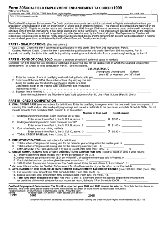 Form 306 - Coalfield Employment Enhancement Tax Credit - 1999 Printable pdf