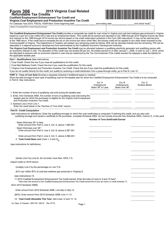 Fillable Form 306 - Virginia Coal Related Refundable Tax Credits - 2015 Printable pdf