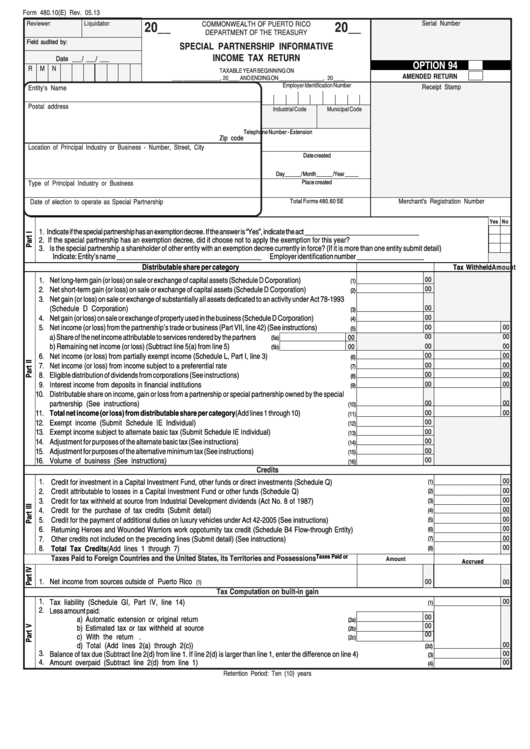Form 480.10(E) - Special Partnership Informative Income Tax Return Printable pdf
