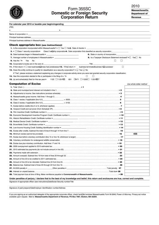 Form 355sc - Domestic Or Foreign Security Corporation Return - 2010 Printable pdf