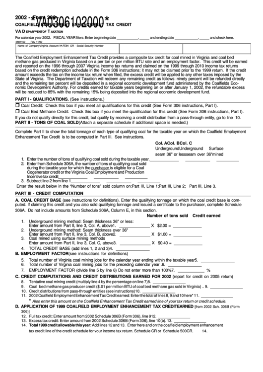 Form 306 - Coalfield Employment Enhancement Tax Credit - 2002 Printable pdf
