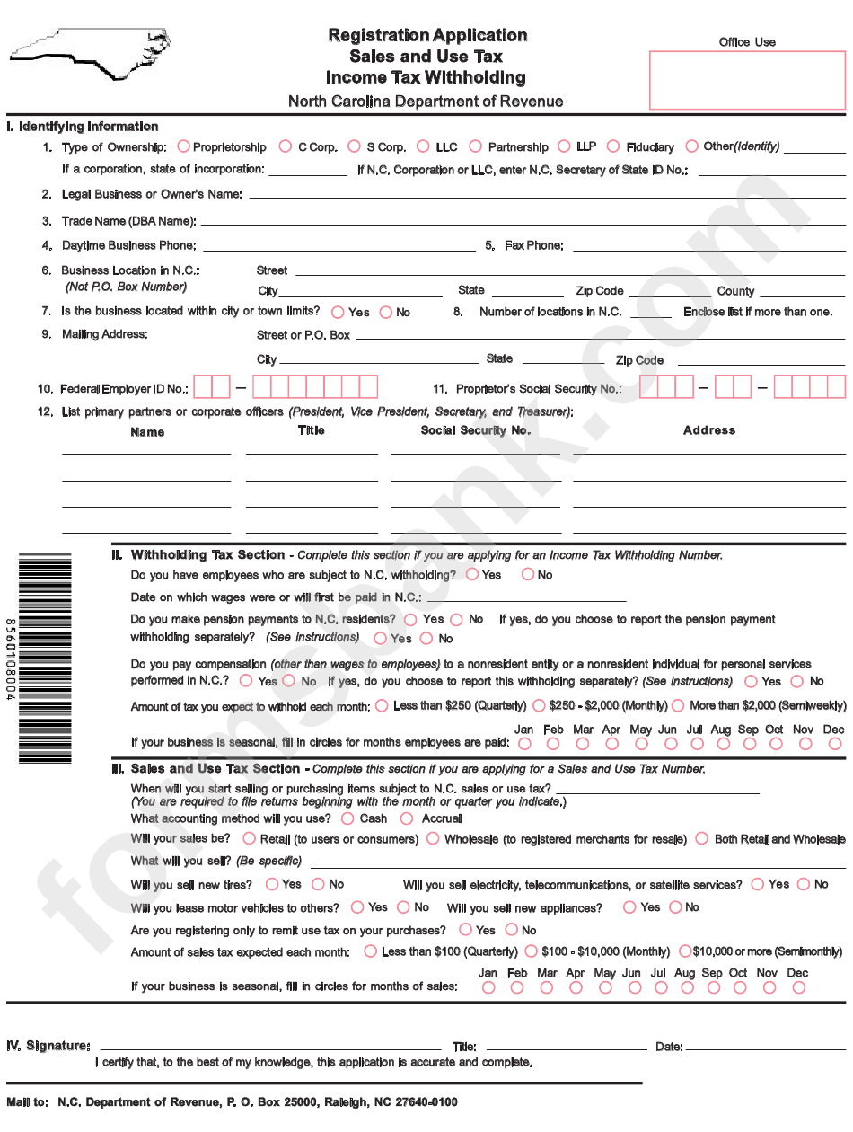 Registration Application Form - Sales And Use Tax - Income Tax Withholding - North Carolina Department Of Revenue