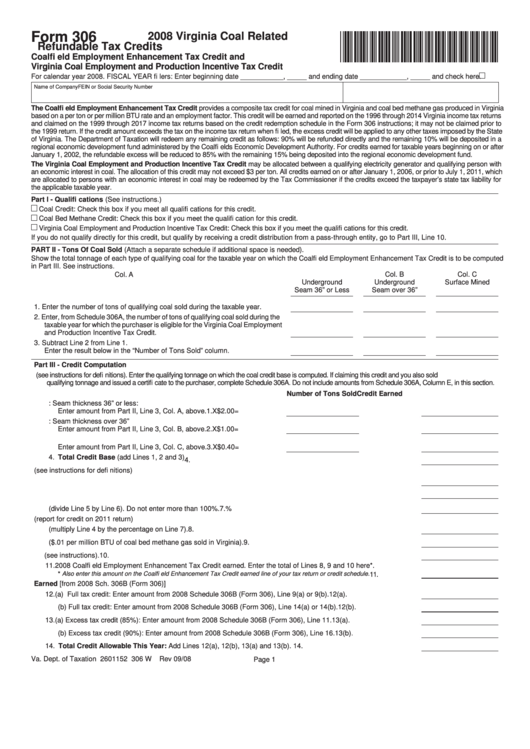 Form 306 - Virginia Coal Related Refundable Tax Credits - 2008 Printable pdf