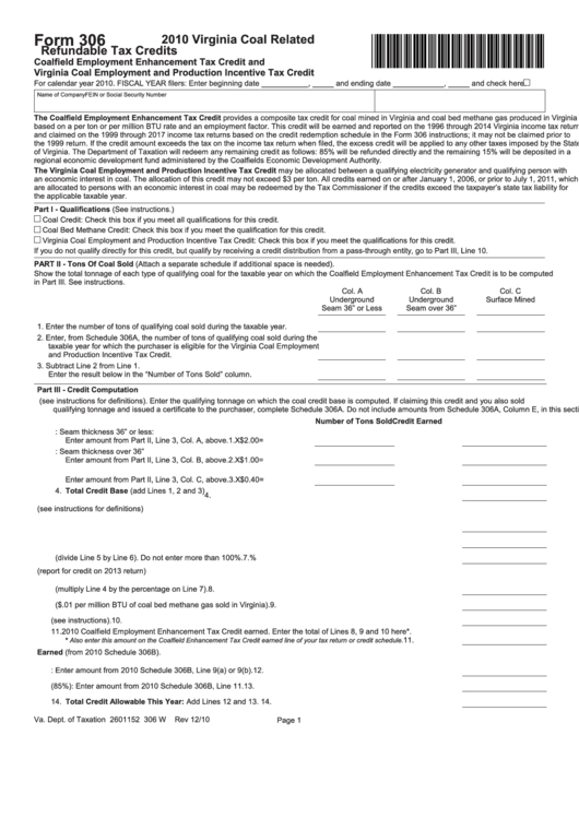 Form 306 - Virginia Coal Related Refundable Tax Credits - 2010 Printable pdf