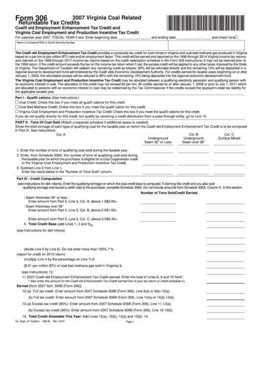 Form 306 - Virginia Coal Related Refundable Tax Credits - 2007 Printable pdf