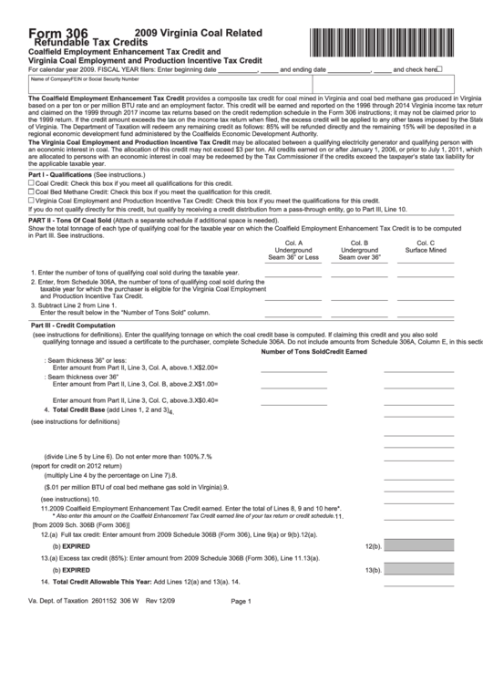 Form 306 - Virginia Coal Related Refundable Tax Credits - 2009 Printable pdf
