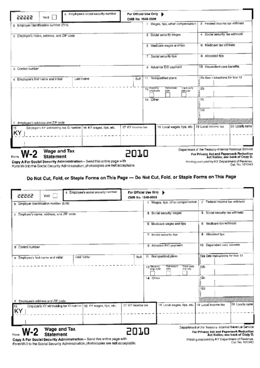 Form W-2 - Wage And Tax Statement - Kentucky Department Of Revenue Printable pdf